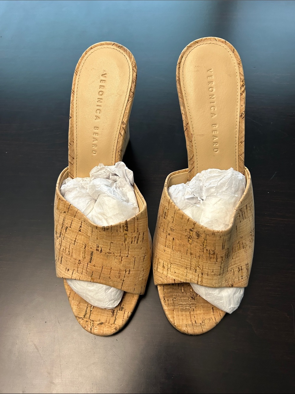 Veronica Beard Cork Crisscross Slide Mules in Natural Tan